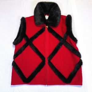Vintage 1990s Lisa International Red Boiled Wool Faux Fur Trim Vest Women's